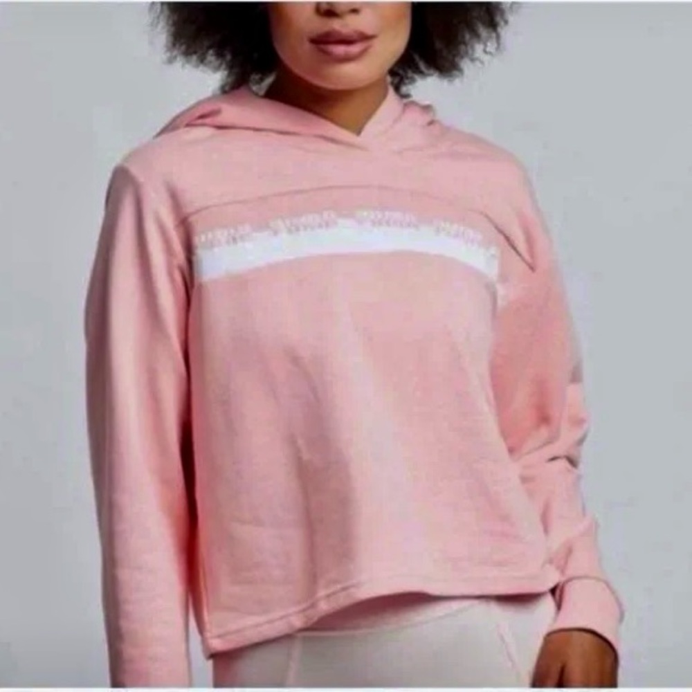 Puma Amplified Logo Stripe Cropped Hoodie in Pink size L Oversized